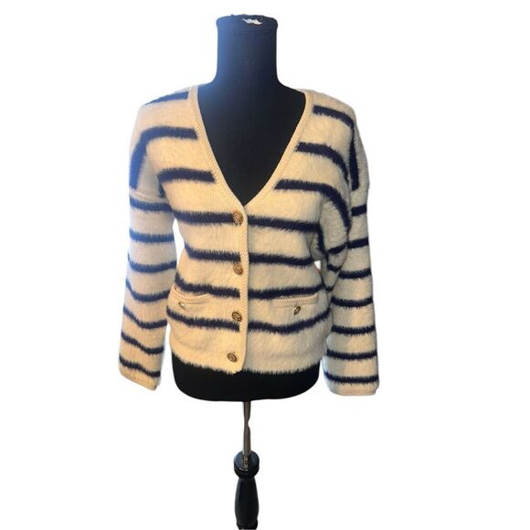 Christian Lactoix S oversized white blue striped soft and stretchy brushed yarn - Picture 1 of 10